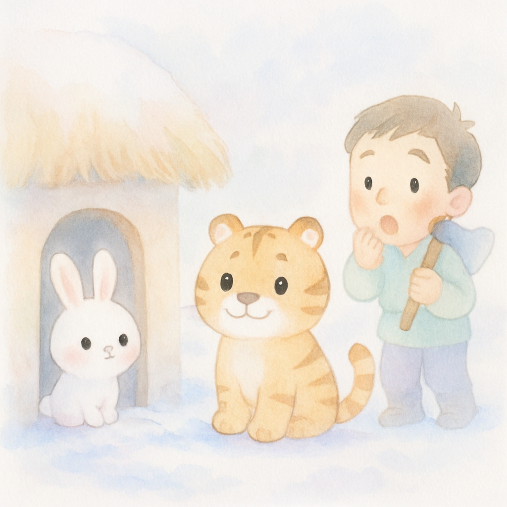 호랑이가 집 앞에 토끼를 가져다 놓은 아침 장면